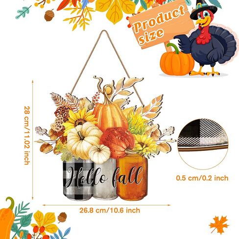 Hello Fall Door Sign Fall Wooden Hanging Sign Pumpkin Autumn Front Door Decorations for Autumn Thanksgiving Indoor Outdoor Farmhouse Home Porch Greeting Party Decor in Saudi Arabia