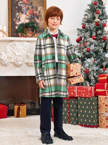 Haloumoning Boys Plaid Dress Coat Kids Fall Fall Button Down Wool Blend Pea Coats Coats مع جيوب من 5 إلى 14 عامًا in Saudi Arabia