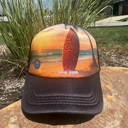 Beach Sunset Trucker Hat | Foam Front-Mesh Snapback | Surfboard Sunset Design | Island Vibes Hat | Surfer hat in Saudi Arabia