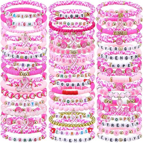 50 Pcs Breast Cancer Awareness Bracelets Pink Ribbon Bracelets for Womens Stackable Polymer Clay Bead Bracelet Inspirational Pink Ribbon Breast Jewelry Gifts for Cancer Accessories in Saudi Arabia