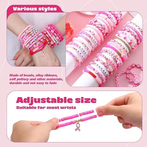 50 Pcs Breast Cancer Awareness Bracelets Pink Ribbon Bracelets for Womens Stackable Polymer Clay Bead Bracelet Inspirational Pink Ribbon Breast Jewelry Gifts for Cancer Accessories in Saudi Arabia