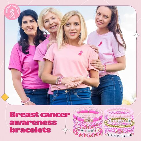 50 Pcs Breast Cancer Awareness Bracelets Pink Ribbon Bracelets for Womens Stackable Polymer Clay Bead Bracelet Inspirational Pink Ribbon Breast Jewelry Gifts for Cancer Accessories in Saudi Arabia