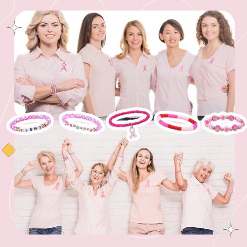 50 Pcs Breast Cancer Awareness Bracelets Pink Ribbon Bracelets for Womens Stackable Polymer Clay Bead Bracelet Inspirational Pink Ribbon Breast Jewelry Gifts for Cancer Accessories in Saudi Arabia