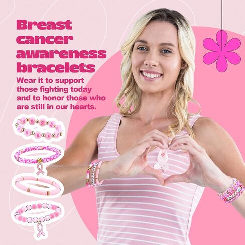 50 Pcs Breast Cancer Awareness Bracelets Pink Ribbon Bracelets for Womens Stackable Polymer Clay Bead Bracelet Inspirational Pink Ribbon Breast Jewelry Gifts for Cancer Accessories in Saudi Arabia