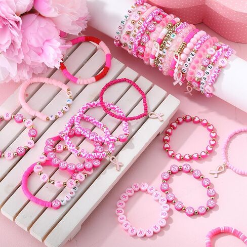 50 Pcs Breast Cancer Awareness Bracelets Pink Ribbon Bracelets for Womens Stackable Polymer Clay Bead Bracelet Inspirational Pink Ribbon Breast Jewelry Gifts for Cancer Accessories in Saudi Arabia