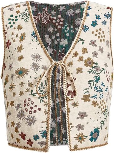 سترة نسائية من GORGLITTER مطرزة بالكروشيه بتصميم بوهو وربطة عنق أمامية عتيقة بدون أكمام in Kuwait