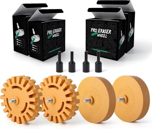 Foshio 4 Pack Eraser Wheel Secal Remover ， 4 بوصة العجلة مزيل ملصق مع محول ، 2 عبوة صلبة و 2 عبوة من عجلة المطاط المقطوعة لإزالة الفينيل ، لاصق ، لاصقة ، بقايا ، رسومات ، ملصق in Kuwait