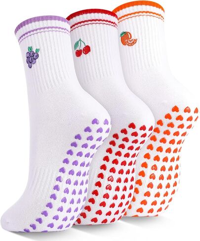 Jspupifip 3 Pairs Fruit Pilates Socks with Grips for Women, Non Slip Cotton Crew Athletic Socks for Barre Workout Hospital in Saudi Arabia