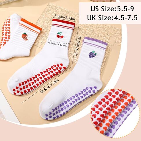 Jspupifip 3 Pairs Fruit Pilates Socks with Grips for Women, Non Slip Cotton Crew Athletic Socks for Barre Workout Hospital in Saudi Arabia