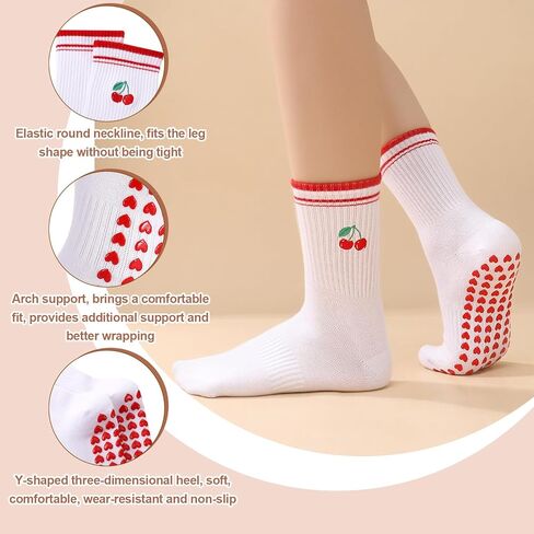 Jspupifip 3 Pairs Fruit Pilates Socks with Grips for Women, Non Slip Cotton Crew Athletic Socks for Barre Workout Hospital in Saudi Arabia