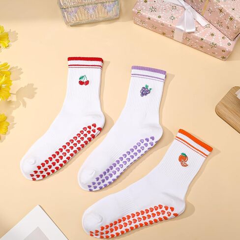Jspupifip 3 Pairs Fruit Pilates Socks with Grips for Women, Non Slip Cotton Crew Athletic Socks for Barre Workout Hospital in Saudi Arabia