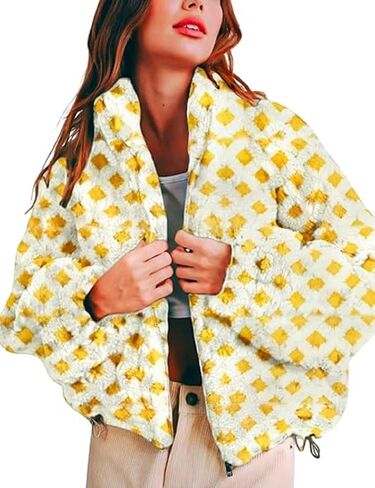 yoawdats womens لطيف sherpa fleece سترة غامض zip up checkered اقتصاص الخروج سترة دمية نعيمة الملابس الخارجية غير الرسمية in Kuwait