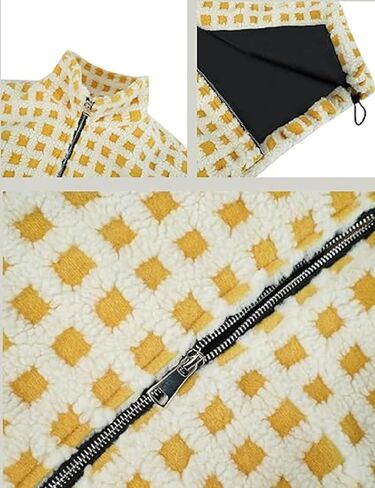 yoawdats womens لطيف sherpa fleece سترة غامض zip up checkered اقتصاص الخروج سترة دمية نعيمة الملابس الخارجية غير الرسمية in Kuwait