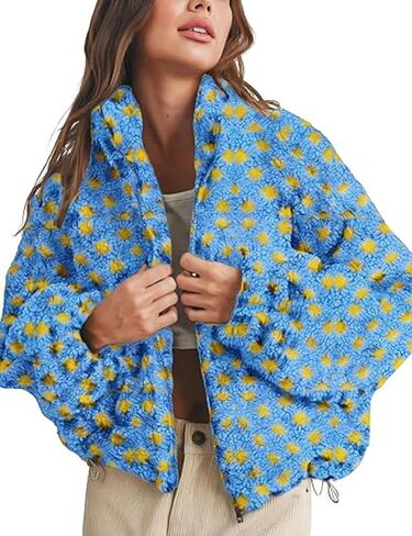 yoawdats womens لطيف sherpa fleece سترة غامض zip up checkered اقتصاص الخروج سترة دمية نعيمة الملابس الخارجية غير الرسمية in Kuwait