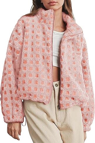 yoawdats womens لطيف sherpa fleece سترة غامض zip up checkered اقتصاص الخروج سترة دمية نعيمة الملابس الخارجية غير الرسمية in Kuwait