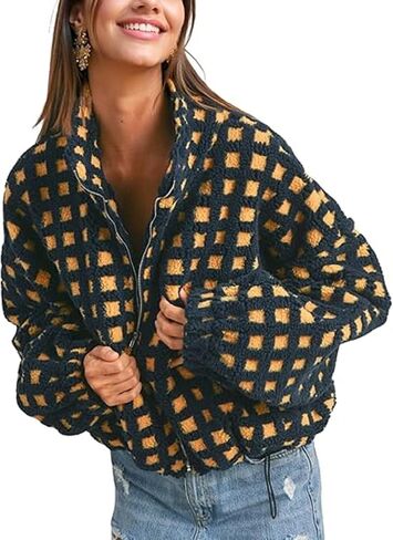 yoawdats womens لطيف sherpa fleece سترة غامض zip up checkered اقتصاص الخروج سترة دمية نعيمة الملابس الخارجية غير الرسمية in Kuwait