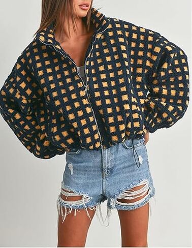 yoawdats womens لطيف sherpa fleece سترة غامض zip up checkered اقتصاص الخروج سترة دمية نعيمة الملابس الخارجية غير الرسمية in Kuwait