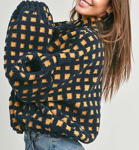 yoawdats womens لطيف sherpa fleece سترة غامض zip up checkered اقتصاص الخروج سترة دمية نعيمة الملابس الخارجية غير الرسمية in Kuwait