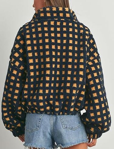 yoawdats womens لطيف sherpa fleece سترة غامض zip up checkered اقتصاص الخروج سترة دمية نعيمة الملابس الخارجية غير الرسمية in Kuwait