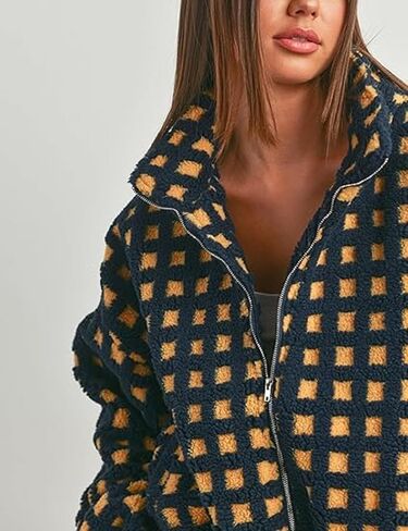 yoawdats womens لطيف sherpa fleece سترة غامض zip up checkered اقتصاص الخروج سترة دمية نعيمة الملابس الخارجية غير الرسمية in Kuwait