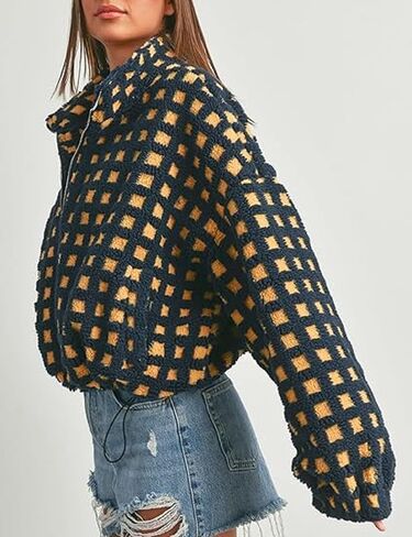 yoawdats womens لطيف sherpa fleece سترة غامض zip up checkered اقتصاص الخروج سترة دمية نعيمة الملابس الخارجية غير الرسمية in Kuwait
