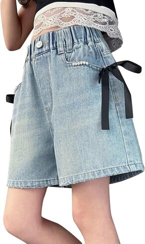 Little Girls Baggy Jeans Shorts Kids Bow Wide Leg Y2k Denim Shorts Jorts Youth Trendy Summer Casual Pull on Short Bottoms in Saudi Arabia