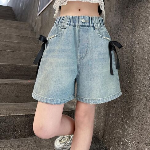 Little Girls Baggy Jeans Shorts Kids Bow Wide Leg Y2k Denim Shorts Jorts Youth Trendy Summer Casual Pull on Short Bottoms in Saudi Arabia