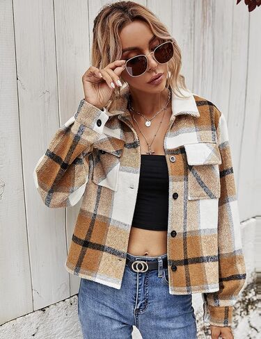 uaneo womens blaid shacket button blaid button أسفل سترة قميص قصير الفانيلا مع جيوب in Saudi Arabia