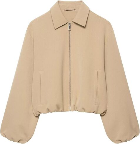 Xunger Women’s Cropped Bomber Jacket Puffed Sleeves Zip Up Trendy Casual Streetwear Outerwear with Pockets in Kuwait