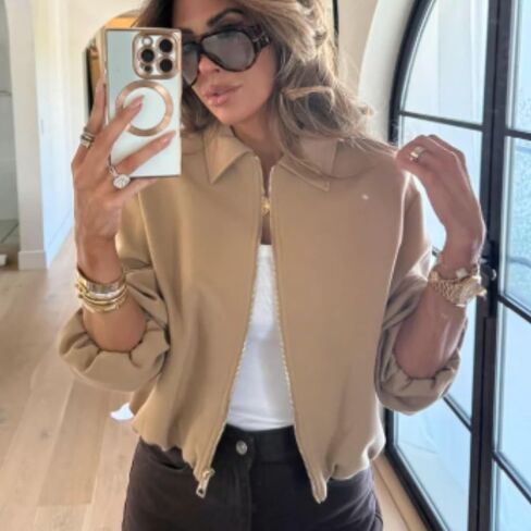 Xunger Women’s Cropped Bomber Jacket Puffed Sleeves Zip Up Trendy Casual Streetwear Outerwear with Pockets in Kuwait