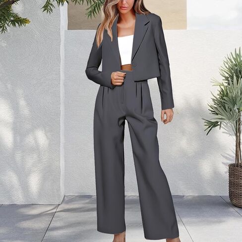 Womens Business Casual Blazer Sets Oversized Cropped Blazer Jackets Wide Leg Work Pants Suit Sets Work Clothes in Kuwait