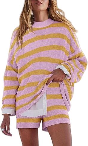 Womens Striped Sweater Set Oversized Lounge Sets 2 Piece Outfits Matching Pajamas Sweater Top and Shorts in Saudi Arabia
