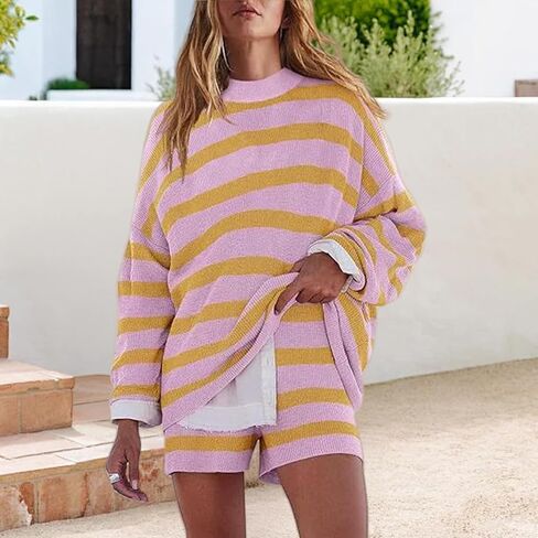 Womens Striped Sweater Set Oversized Lounge Sets 2 Piece Outfits Matching Pajamas Sweater Top and Shorts in Saudi Arabia