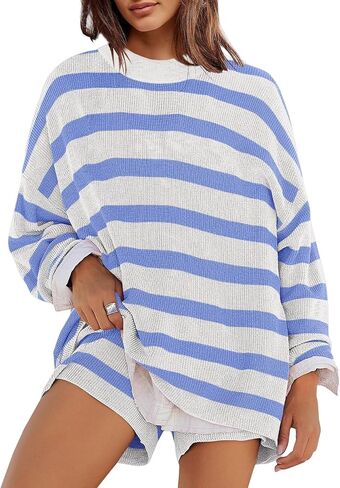 Womens Striped Sweater Set Oversized Lounge Sets 2 Piece Outfits Matching Pajamas Sweater Top and Shorts in Saudi Arabia