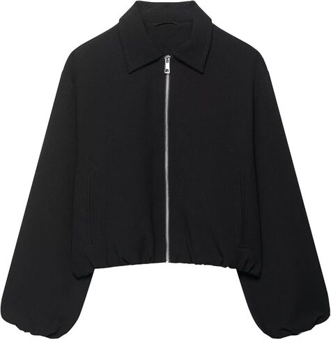 Xunger Women’s Cropped Bomber Jacket Puffed Sleeves Zip Up Trendy Casual Streetwear Outerwear with Pockets in Kuwait