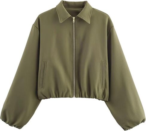 Xunger Women’s Cropped Bomber Jacket Puffed Sleeves Zip Up Trendy Casual Streetwear Outerwear with Pockets in Kuwait