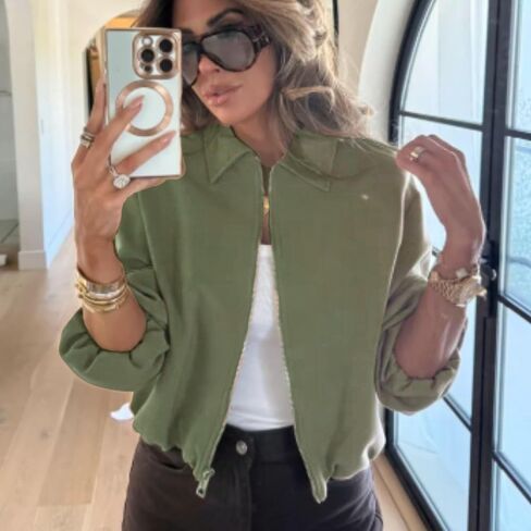 Xunger Women’s Cropped Bomber Jacket Puffed Sleeves Zip Up Trendy Casual Streetwear Outerwear with Pockets in Kuwait