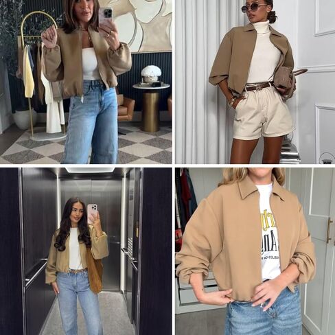 Xunger Women’s Cropped Bomber Jacket Puffed Sleeves Zip Up Trendy Casual Streetwear Outerwear with Pockets in Kuwait