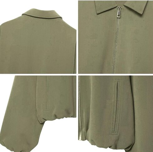 Xunger Women’s Cropped Bomber Jacket Puffed Sleeves Zip Up Trendy Casual Streetwear Outerwear with Pockets in Kuwait