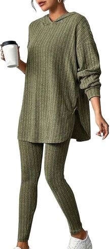 Womens 2 Piece Lounge Pajama Sets Ribbed Knit Set Casual Long Sleeve Hoodies Matching Pants Sleepwear in Saudi Arabia
