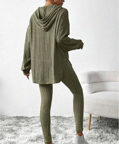 Womens 2 Piece Lounge Pajama Sets Ribbed Knit Set Casual Long Sleeve Hoodies Matching Pants Sleepwear in Saudi Arabia