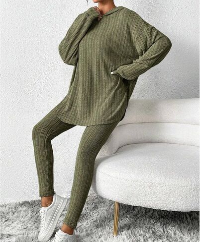 Womens 2 Piece Lounge Pajama Sets Ribbed Knit Set Casual Long Sleeve Hoodies Matching Pants Sleepwear in Saudi Arabia