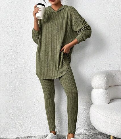 Womens 2 Piece Lounge Pajama Sets Ribbed Knit Set Casual Long Sleeve Hoodies Matching Pants Sleepwear in Saudi Arabia