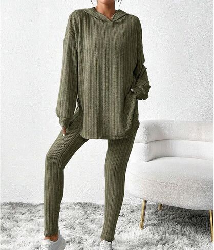 Womens 2 Piece Lounge Pajama Sets Ribbed Knit Set Casual Long Sleeve Hoodies Matching Pants Sleepwear in Saudi Arabia