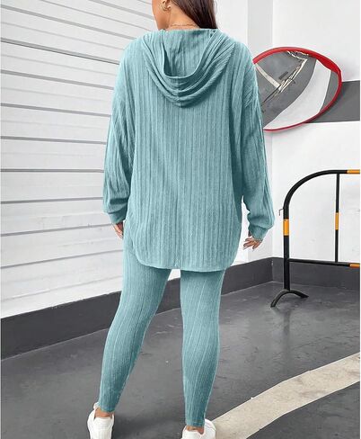 Womens 2 Piece Lounge Pajama Sets Ribbed Knit Set Casual Long Sleeve Hoodies Matching Pants Sleepwear in Saudi Arabia