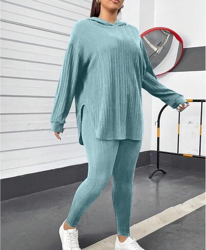 Womens 2 Piece Lounge Pajama Sets Ribbed Knit Set Casual Long Sleeve Hoodies Matching Pants Sleepwear in Saudi Arabia