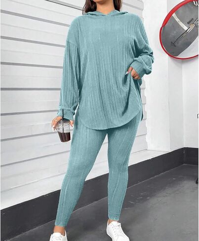 Womens 2 Piece Lounge Pajama Sets Ribbed Knit Set Casual Long Sleeve Hoodies Matching Pants Sleepwear in Saudi Arabia