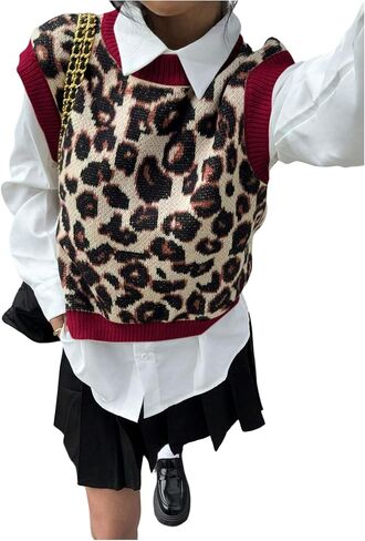 SweatyRocks Women's Sweater Vest Knit Sleeveless Leopard Print Color Block Pullover Sweater Fall Outfits in Saudi Arabia