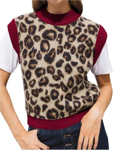 SweatyRocks Women's Sweater Vest Knit Sleeveless Leopard Print Color Block Pullover Sweater Fall Outfits in Saudi Arabia