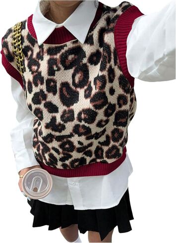 SweatyRocks Women's Sweater Vest Knit Sleeveless Leopard Print Color Block Pullover Sweater Fall Outfits in Saudi Arabia